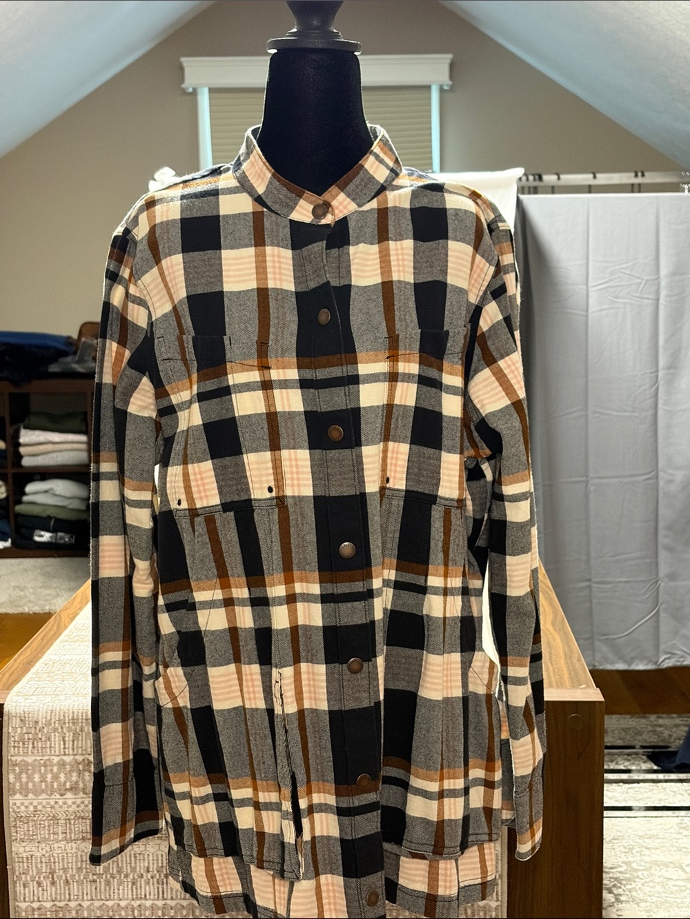 Duluth Trading Co Plaid Lightweight Shirt Jacket in Black, Cream & Brown